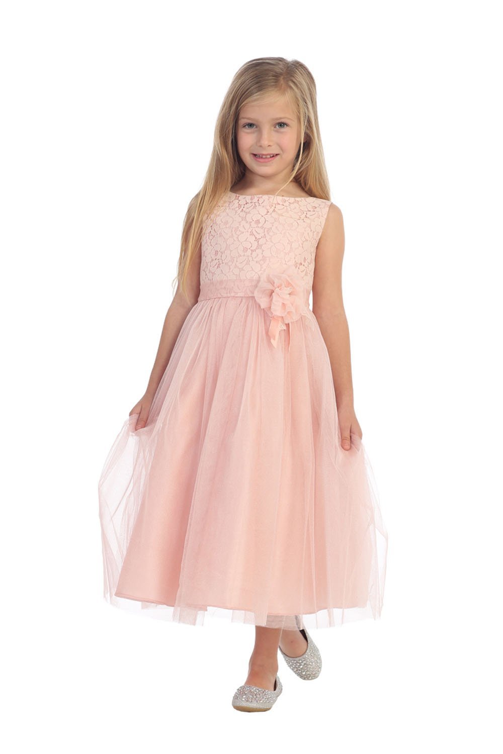 Blush Sleeveless Lace Detailing Flower Girl Dress with Overlay Tulle Skirt Blush Sleeveless Lace Detailing Flower Girl Dress with Overlay Tulle Skirt